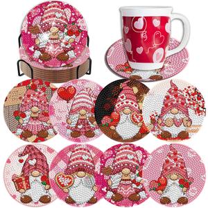 8 Pieces Gnome Diamond Coasters with Holder Cute Valentine Gnome Diamond Art Coasters for Beginners Adults for Valentine's Day Gift