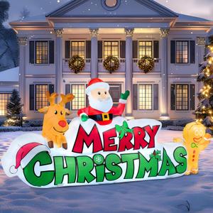 Joiedomi 9.5 FT Christmas Inflatable Merry Christmas Sign with Santa, Reindeer & Gingerman, LED Lit for Outdoor Yard Garden Lawn Winter Decor