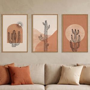 Large Boho Minimalist Cactus Framed Canvas Wall Art Set -16"x24"x3