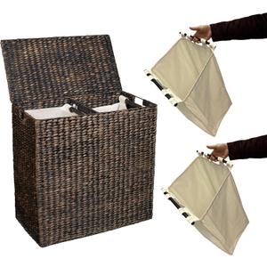 BirdRock Home Water Hyacinth Laundry Hamper Divided Interior (Espresso) | Eco-Friendly | Made of Hand Woven Hyacinth Fibers | Includes Two Removable Cotton Liners Bag | Wicker Laundry Basket with Lid