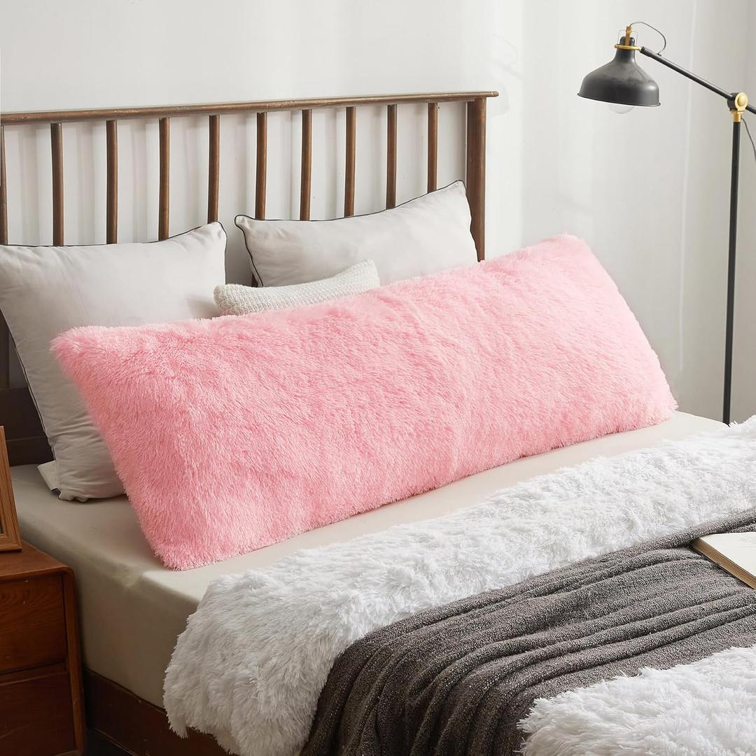 XeGe Cozy Faux Fur Fluffy Long Body Pillow Cover, 20"x54", Light Pink
