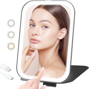 Travel Makeup Mirror, Portable Mirror with 3 Adjustable Light Settings, USB-Rechargeable Vanity Mirror with Lights, Gift for Women and Girls (Black)