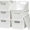 6 Pack Plastic Storage Baskets With Lids,White Breathable Stackable Storage Bins,Small Storage Containers,for Organizing Storage Baskets on Desktops,Closets,Playrooms,Classrooms,Offices