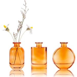 WHJY Amber Glass Vase Set of 3, Decorative Flower Vases for Centerpieces, Colored Bud Vases, Small Geometric Vases for Wedding, Home Dcor