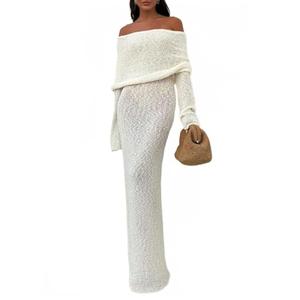Women Sexy Off Shoulder Maxi Dress Long Sleeve Knit Crochet Bodycon Ruched Mesh Beach Vacation Party Sweater Dresses White, Medium