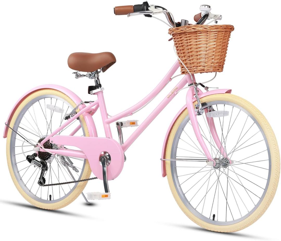 Glerc 20 24 26 Inch Beach Cruiser Bike, 6-Speed Hybrid City Bicycle for Girls Youth and Over 6 Years Old, Missy Bike with Wicker Basket & Lightweight, Multiple Colors (Pink)