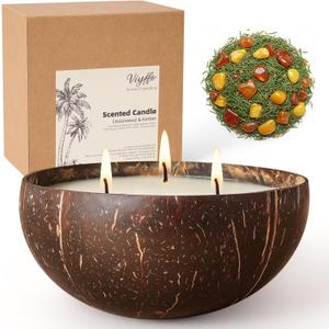 Viyffo Large Non Toxic Soy Candle - Winter Cedarwood & Amber, 12oz 3 Wick Scented Candle for Women & Men, Natural Coconut Shell Jar Perfect for Home Decor & Unique Nature Gift