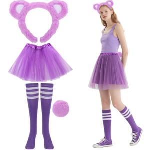 4 PCS Bear Costume include Bear Ears Headband Tail Tutu Skirt and socks for Halloween Cosplay Party (Purple)