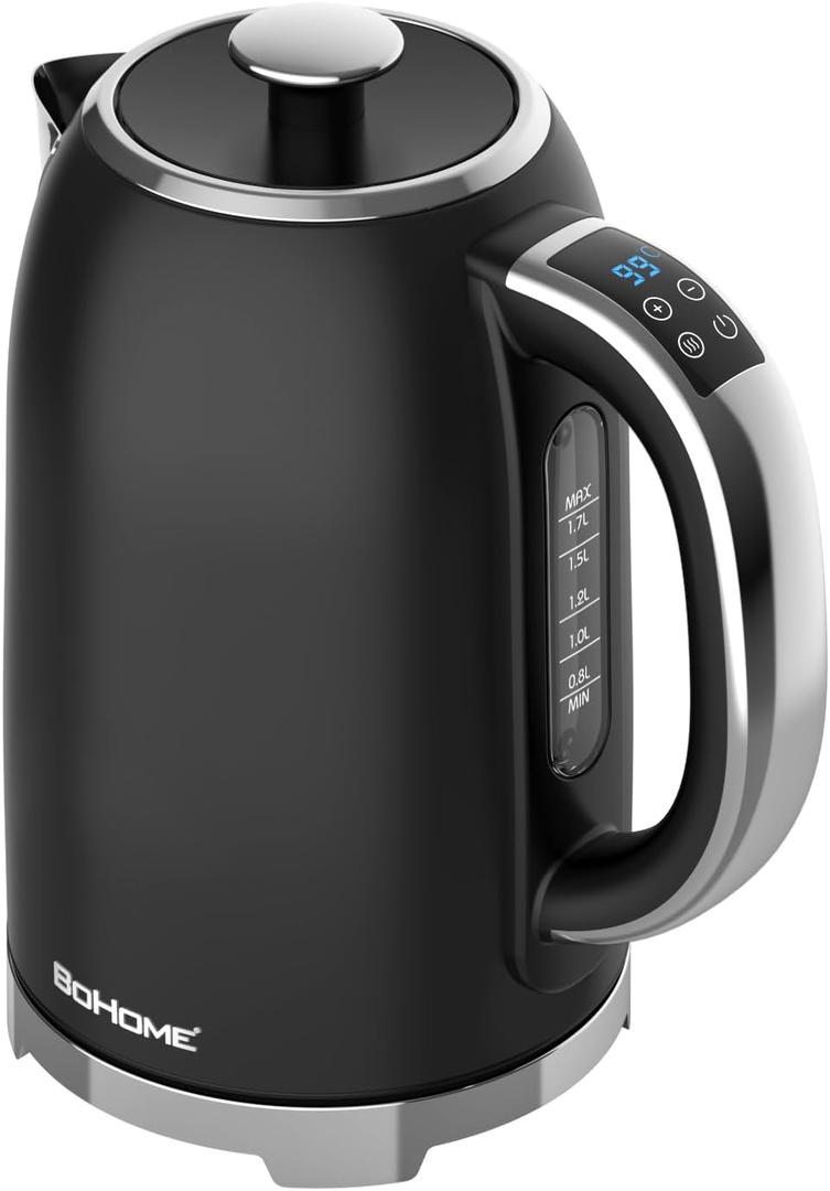 Electric Kettle, 1.7L/1500W, Stainless Steel, Digital Touch Panel, Keep Warm Function, Auto Shutoff, BPA-Free, Hot Water Kettle for Coffee & Tea, No Plastic Contact with Water (Black)