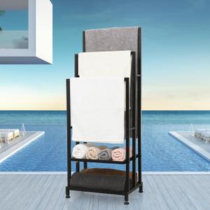 Heavy Duty Pool Towel Rack for Outdoor | 3 Tier Free Standing Towel Rack with 2 Storage Shelves | Anti-Rust Stand Rack for Outdoor,Pool &Bathroom | Black, 41"x16"x12"
