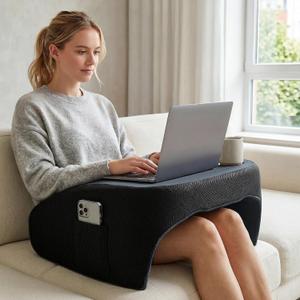 Reading Pillow for Gaming, Ergonomic Memory Foam Lap Desk Pillow | Cup Holder & Pocket, Large Non-Slip Bottom Arm Rest Pillow for Working, Crocheting in Bed, Couch, Floor (Deep Grey)
