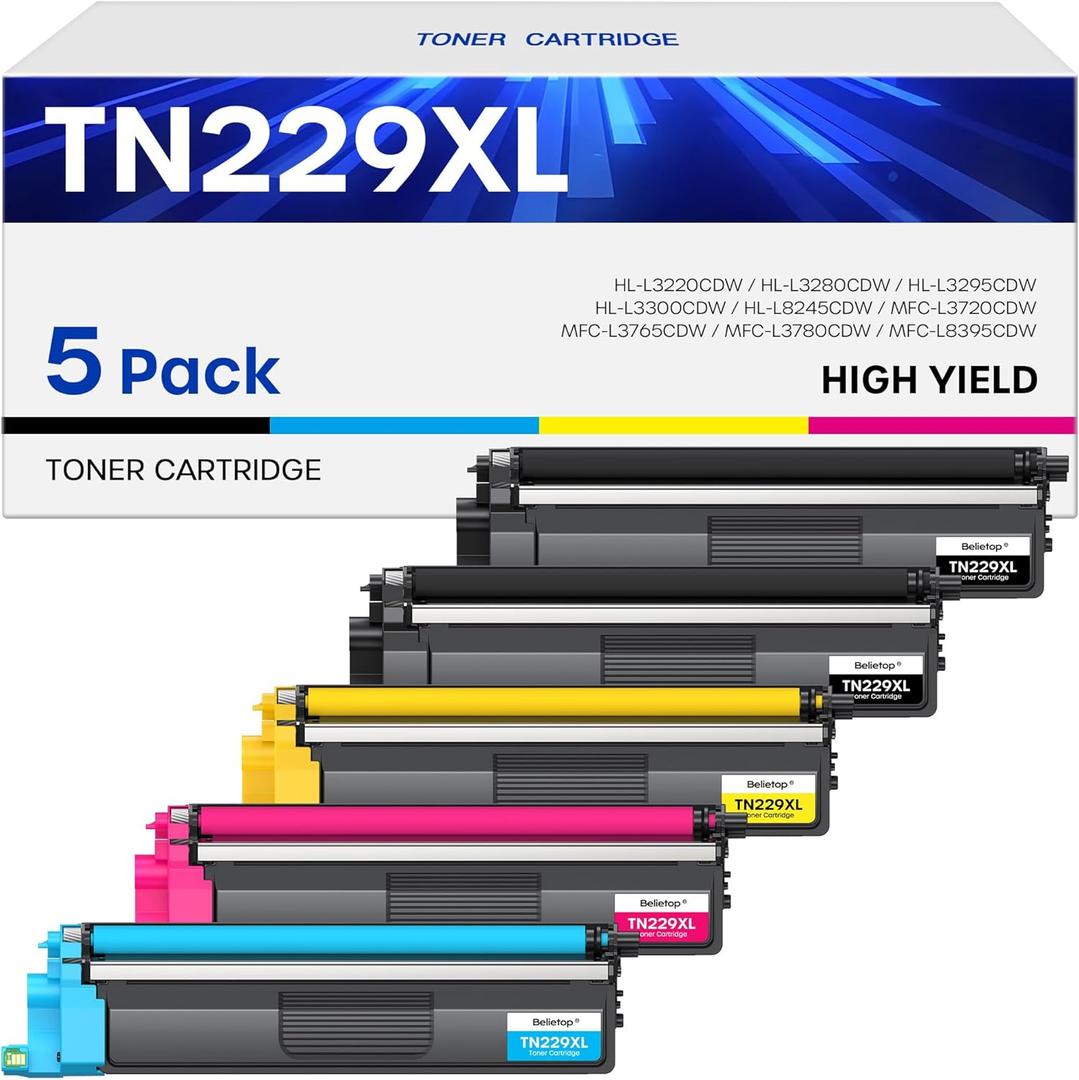 TN229XL Toner Cartridge 5 Pack (with Chip) High Yield Replacement for Brother TN229XL TN229 to Work for MFC-L3720CDW MFC-L3780CDW HL-L3220CDW HL-3280CDW HL-L3300CDW Printers(2 Black/C/M/Y)