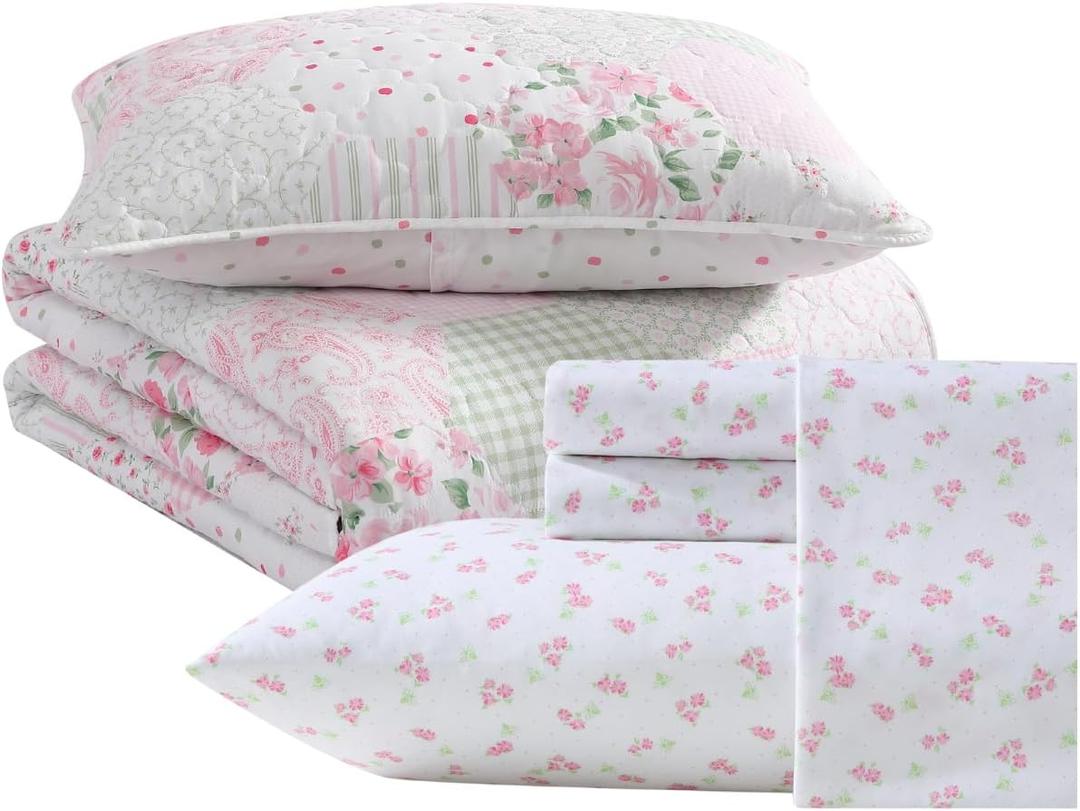 Laura Ashley - Twin Bedding Bundle, Reversible Toddler Comforter with Matching Sham, Throw Pillow, & Stain-Resistant Sheet Set, Ideal Girl Room Essentials (Pink)