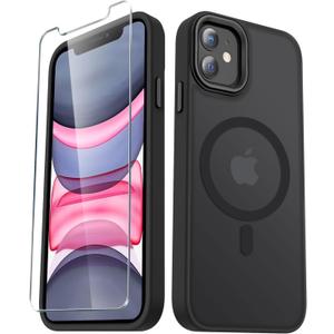 YENAPOON for iPhone 12 Case, iPhone 12 Pro Case, with 1 Screen Protector, Matte Magnetic Slim Phone Cover, Support for Magsafe, Shockproof Protection Translucent Frosted Back,Black