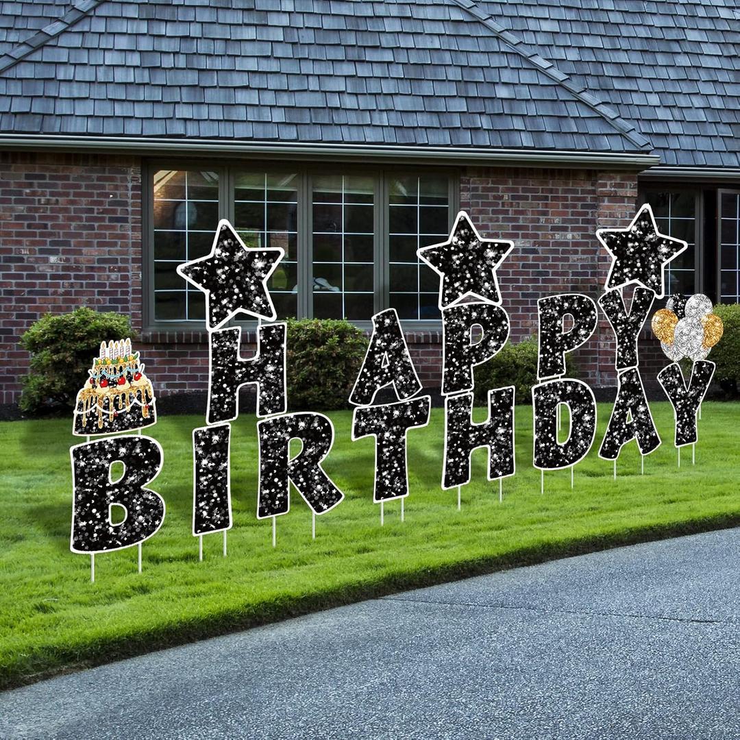 Jetec 18 Pieces Happy Birthday Yard Signs with Stakes, 16 Inches Birthday Outdoor Lawn Signs, Cake Balloon Patio Decorations, Garden Lawn Decorations for Party Outdoor Decor (Black)