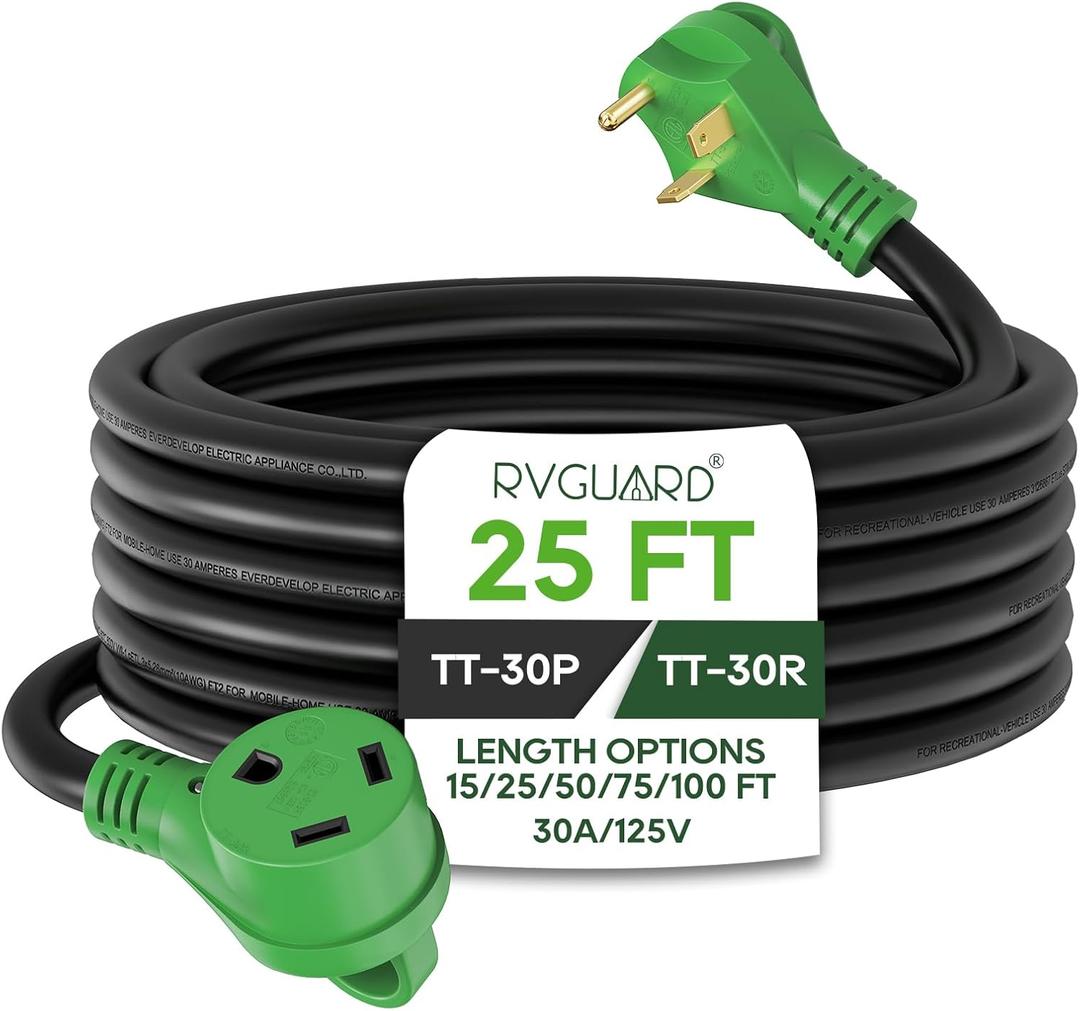 RVGUARD 30 Amp 25 Foot RV Extension Cord, Heavy Duty 10/3 Gauge STW Cord with LED Power Indicator and Cord Organizer, TT-30P/R Standard Plug, Green, ETL Listed (BLACK)