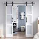 Double 1884 Inch Glass Barn Door Slab and 6.6ft Hardware Kit Included, 3 Frosted Glass, LVL Wood Panel Covered with White Water-Proof Scratch-Proof PVC Surface, Simple DIY Assembly