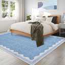 Scalloped Washable Rug 9x12 Area Rugs for Living Room, Solid Blue Rug for Bedroom Girls, Non Slip Throw Mat with Rubber Back, Soft Dorm Nursery 9x12 Carpet for Dining Room