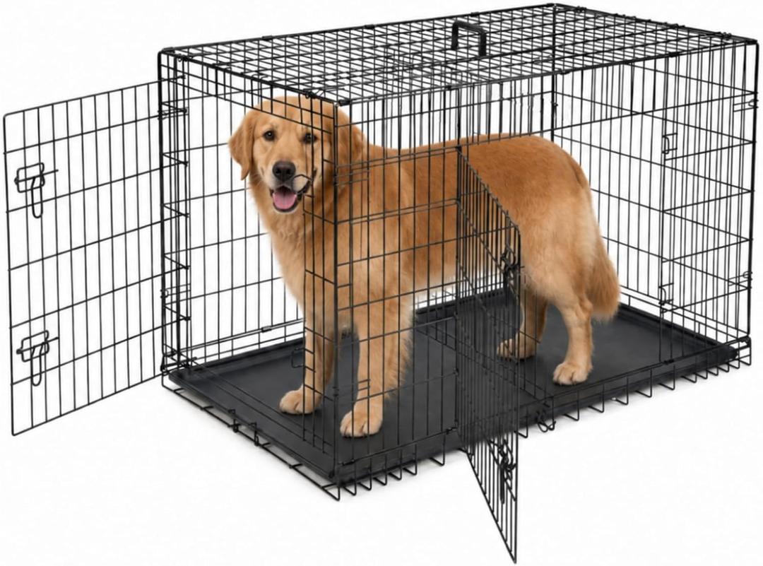 Sweetcrispy Dog Crate 48 Inch, Medium Large Dog Cage, Foldable Pet Kennel
Double Door, Metal Kennel, Secure Lock, Removable Tray, Indoor Outdoor Training Travel