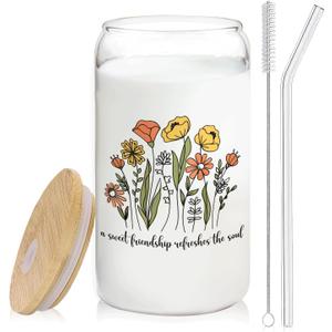 a Sweet Friendship Refreshes the Soul Glass Cup with Lids and Straws 14oz, Best Friend Bestie Gifts for Women, Friendship Glass Iced Coffee Tumbler Drinking Jars with Cleaning Brush