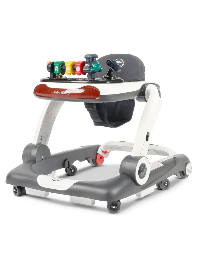 Music and Lights Baby Walker with Wheels, 6 in 1 Baby Activity Center w/Ergonomic backrest Design, Baby Walkers for Boys w/Foot Pads, Music Bouncer Walkers for Boys Girls Babies 6-18 Months, D Grey (B-Deep Grey)