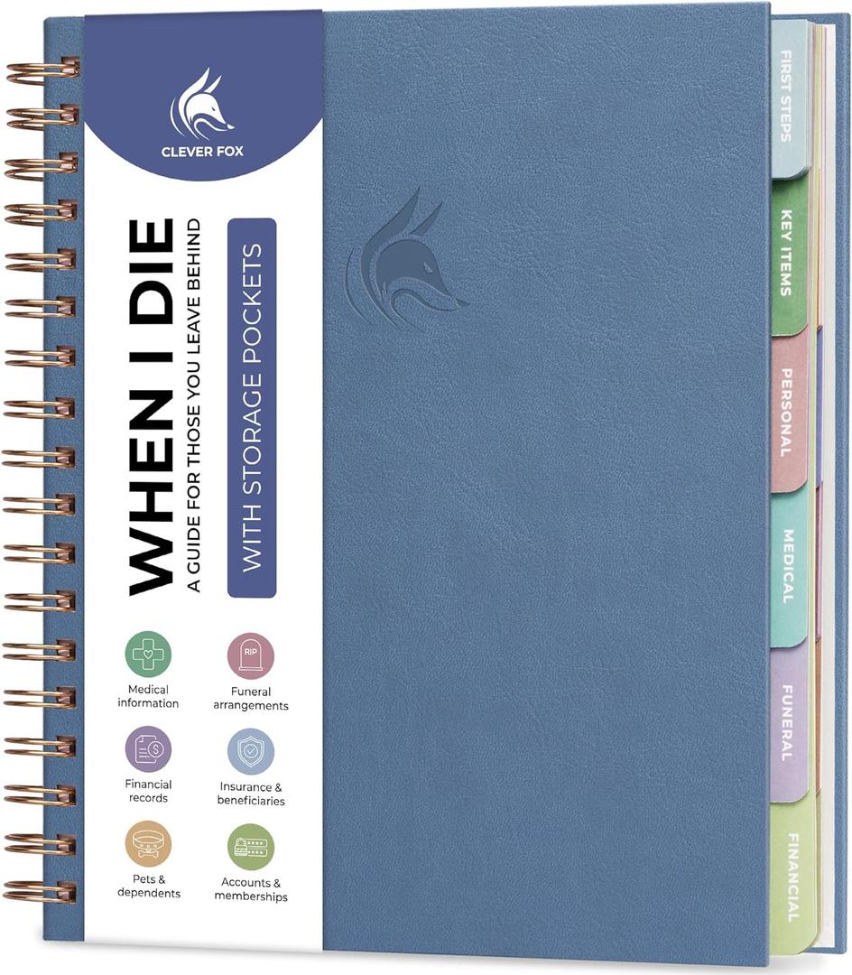 Clever Fox When I Die Planner With Pockets for Documents  End-of-Life Organizer Binder for Important Personal Info & Final Wishes (Smoke Blue)