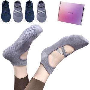 EgoNova Pilates Socks with Grips for Women – Non-Slip Grip Socks for Pilates, Yoga, Barre & Dance (US, Numeric, Regular, Short,  4Pcs Dark Blue and Purple) ) US W-4-10, US M-6-8
