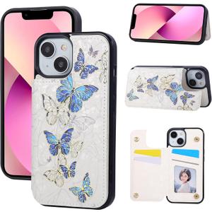 UEEBAI Wallet Case for iPhone 14 with Card Holders, PU Leather Cover Kickstand RFID Blocking Double Magnetic Clasp Rilievo Flower Shockproof Flip Case for Women Girls - Blue Butterfly
