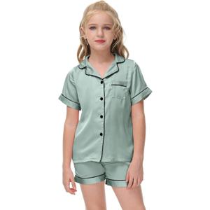 Veseacky Classic Silk Nightwear for Little Girls Notch Collar Button Down Satin 2 Piece Pajama Set (Grey,size 6)