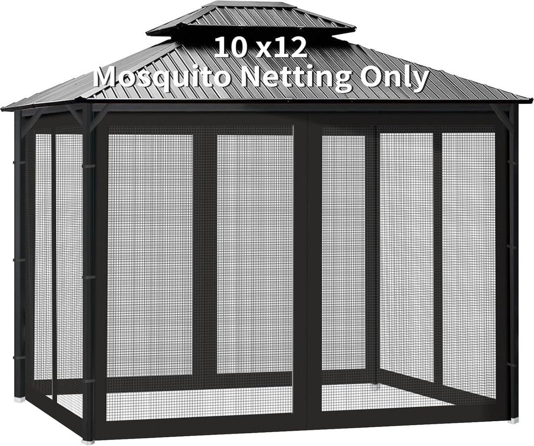 Gazebo Universal Replacement Mosquito Netting, 10' x 12' Outdoor Canopy Net Screen 4-Panel Sidewall Gazebo Curtains, with Zippers, Easy to Install, Fit for Most Gazebos 10x12 Canopy, PatioBlack