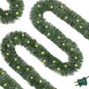 Christmas Green Garland Xmas Tree Decorations Pre-lit Christmas Twist Garland Ceiling Hanging Decorations for New Year Party Birthday Holiday Indoor Outdoor Supplies (Warm White, 49.2Ft)