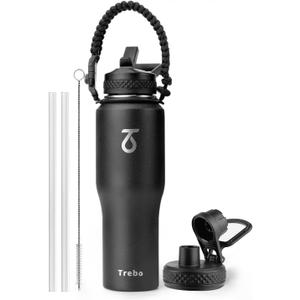 Trebo 32 oz Water Bottle Insulated Fit in Any Car Cup Holder,Triple Wall Vacuum Stainless Steel Water Bottles (Keep Cold for 48 Hrs),Leakproof Tumbler Flask with Paracord Handle,Straw Spout Lids (Black)