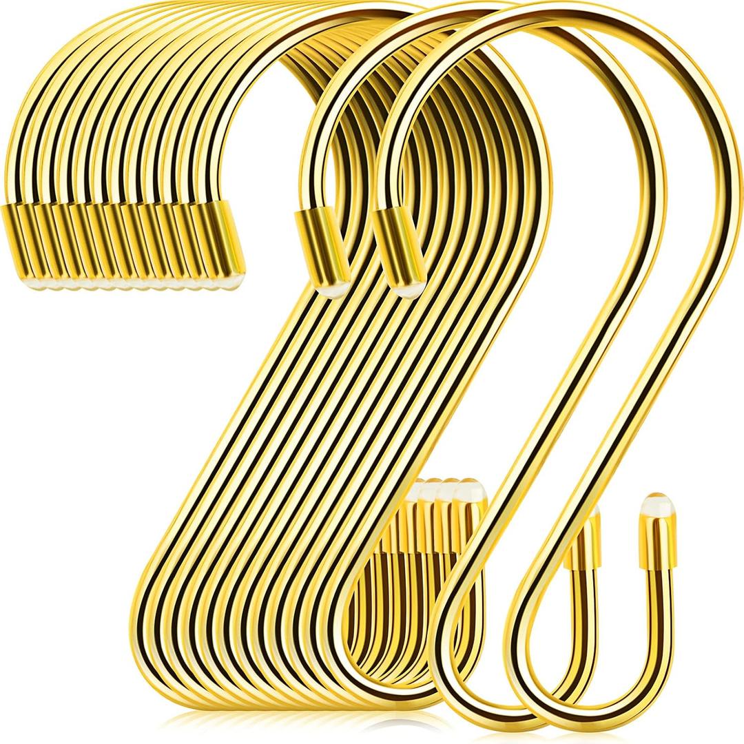 Hotop 36 Pcs S Hooks for Hanging 3.15 Inch Heavy Duty S Shaped Stainless Steel Hook Metal Hanging Curtain Hooks Pan Pot Holder Rack for Pot, Pan, Cups, Plants, Bags, Jeans, Towels(Gold)