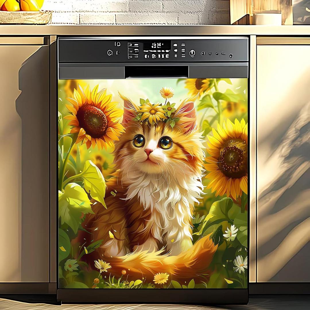Dishwasher Magnetic Cover 25.59x23.03in Sunflower Kitten Design, Waterproof Removable Kitchen Appliance Magnet Panel Decor for Dishwasher Refrigerator Washer