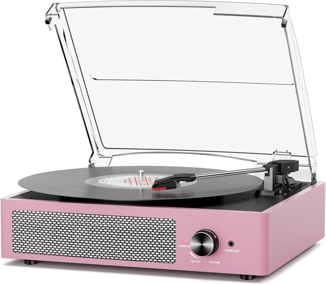 Record Player with Speakers Belt-Driven Vintage Turntables 3 Speed 3 Size Wireless Bluetooth Playback AUX-in RCA Out Headphone LP Vinyl Players Auto Stop Purple Pink