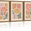 Boho Flower Wall Art Decor Abstract Floral Canvas Prints Botanical Plant Wall Art Pictures Minimalist Flower Market Painting Poster for Living Foom Bedroom 16x24 Inch Wood Framed Set of 3