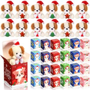 Blueweenly 24 Sets Christmas Mini Plush Gift with Box Christmas Stuffed Animal Keychain with Santa Cap Tiny Plush Set for Xmas Party Stocking Fillers Exchange Gifts(Dog)
