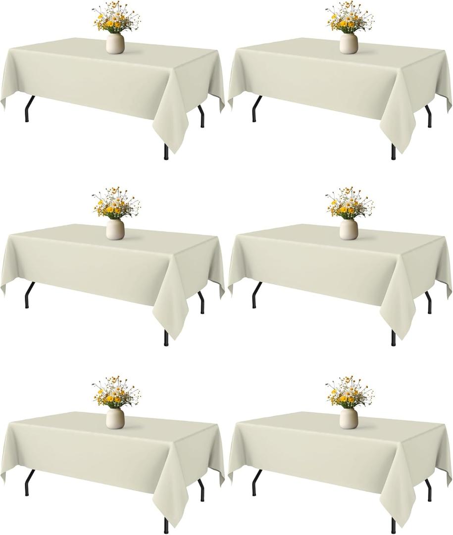 Ivory Fabric Rectangle Table Cloth - 6 Pack, 60"x102" Washable Tablecloth for 5FT Tables, Wrinkle-Resistant & Heat-Proof Table Cover for Weddings, Dinners & Parties