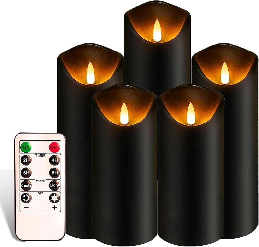 Black Pillar Flameless Candles 3D Wick with Controller,led Slim Candles Flicering Flame,Battery Operated Fake Plastic Candles for Halloween Christmas,Party Dcor.(5Pack H 5" 5" 6" 6" 7" x D 2.2")