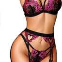 RSLOVE Women Lingerie Sets with Garter Belt 3 Piece Lace Teddy Babydoll Bodysuit (Large, Black and Pink)
