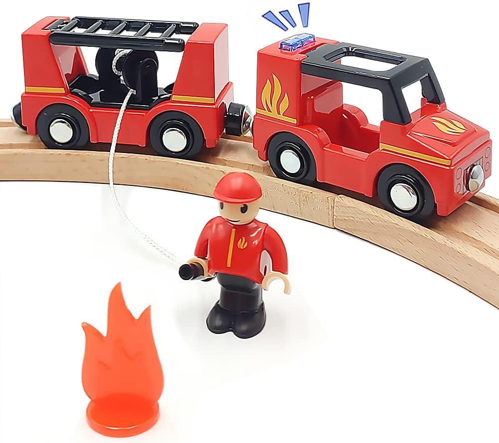 Wooden Train Cars Track Accessories Set Rescue Fire Truck Small Vehicles Magnetic Train Cars Fit for Wooden Train Track Railway for Boys and Girls (Fire Truck(with Light and Sound))