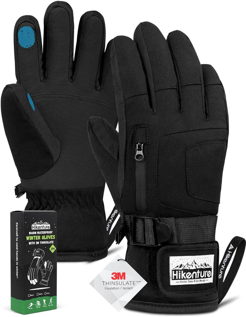 Hikenture Snow Gloves for Men&Women, 3M Thinsulate Waterproof Skiing Gloves with Pocket and Touchscreen Functionality (X-Large, Black)