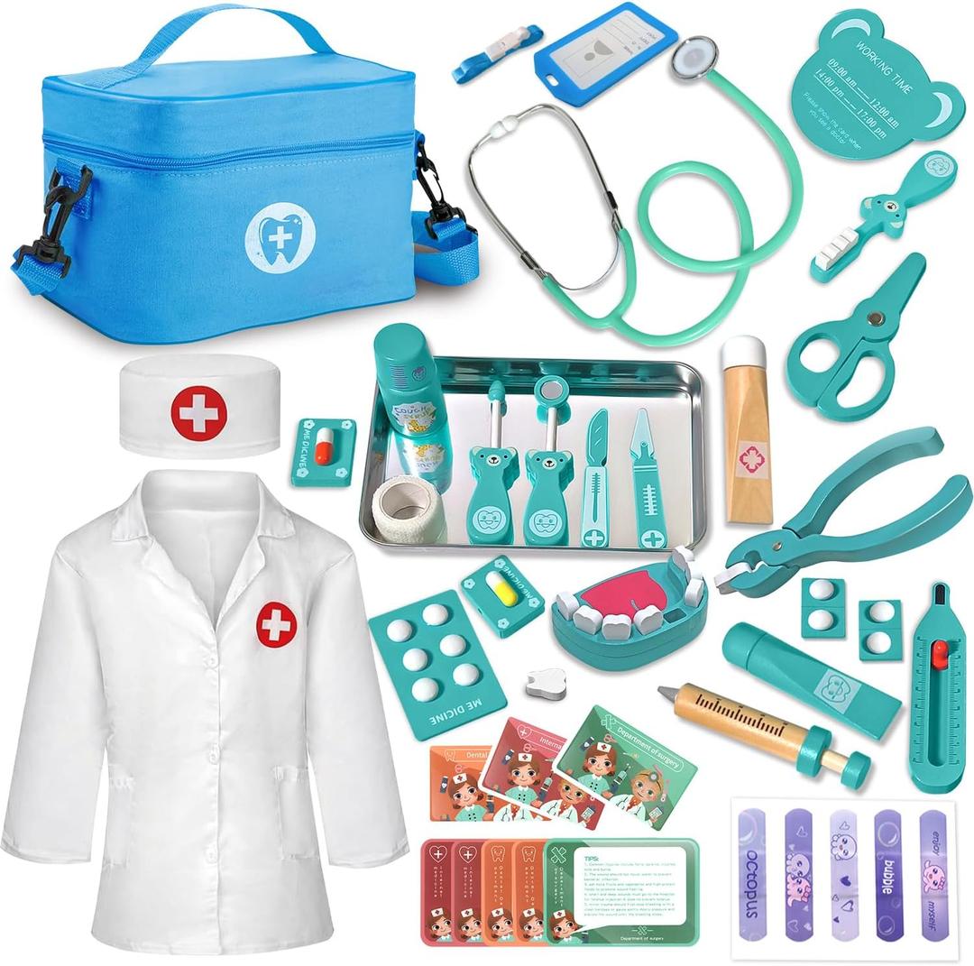 Doctor Kit for Toddlers 3-5, Wooden Kids Dentist Play Set, Doctor Play Set Pretend Play Toys for Toddlers , Realistic Wooden Medical Kit Role Play Set, Gifts for Boys Girls 3+ Years