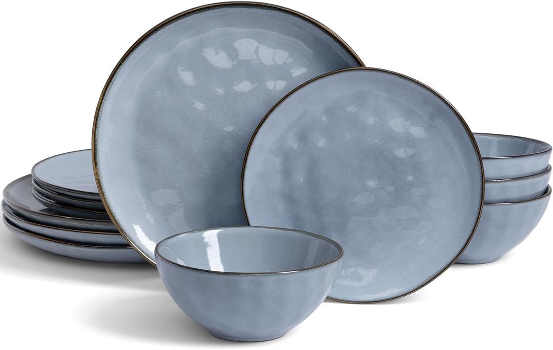 Famiware Dinnerware Sets for 4, Ocean Round 12-Piece Kitchen Plates and Bowls Sets, Reactive Glaze, Microwave and Dishwasher Safe, Scratch Resistant, Blue (Set(12pcs))