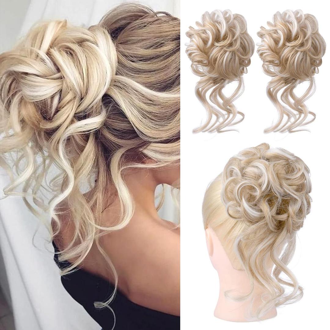HOOJIH 2PCS Messy Bun Hair Piece, Curly Wavy Hair Wrap Ponytail Hairpieces, Light Golden Blonde with White Blonde