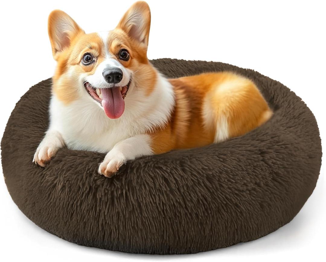 28in Large Dog Bed, Medium Size Dog and Cats, Calming Donut Bed for Puppy and Kitten, Washable Round Fluffy Pet Bed (Coffee)