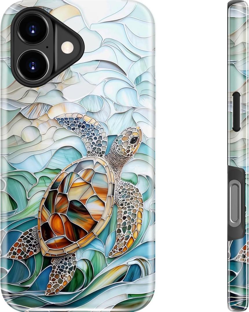 MERRO for iPhone 17 Case - Wireless Charging Compatible - Dual-Layer Hard Shell & Silicone Cover - Protective Phone Case with Cute Wildflower Designs for Women - Ocean Mosaic Art