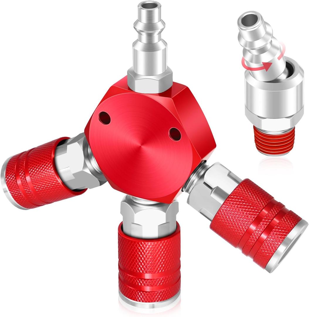 3 Way Air Hose Splitter,Red Air Manifold,Air Compressor Splitter 1/4 NPT Coupler, Flat Hex Manifold Air Couplers and Quick Connect Plug,with 1/4"" NPT I/M Industrial Type Swivel Air Plugs (A)