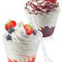 50 Pack 5 oz Plastic Dessert Cups with Spoons, Mini Mousse Cup Round Pudding Cups Party Serving Bowl for Cocktails Appetizers Fruit Parfait and Trifle