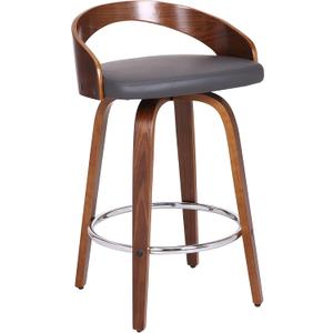 Armen Living Sonia 26" Counter Height Swivel Gray Faux Leather and Walnut Wood Bar Stool